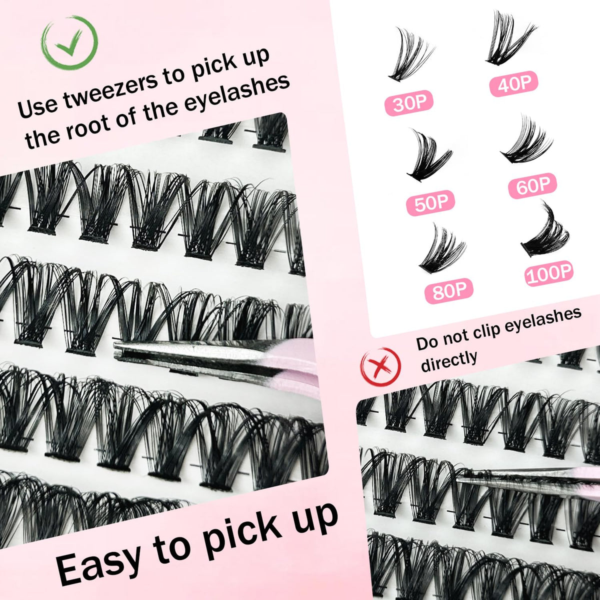 GGOKOK DIY Lash Clusters Kit 30D+40D+50D+60D+80D+100D Fluffy Volume 8-16MM Thick Eyelash Extension Kit Individual Lash Bond and Seal Lash Tweezers(30D-100D,Kit)