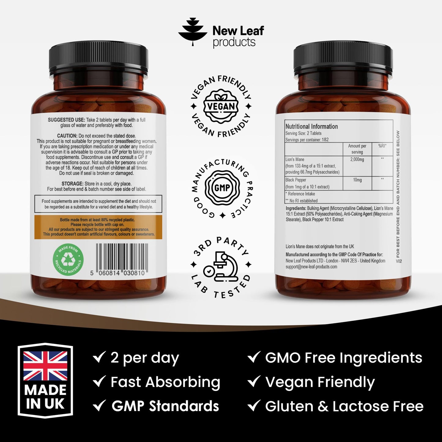 Lions Mane Mushroom 2000mg - 365 High Strength Vegan Tablets - Lion's Mane Supplement with Black Pepper - Lion's Mane Mushrooms Extract (Not Powder or Capsules) Made in The UK by New Leaf Products