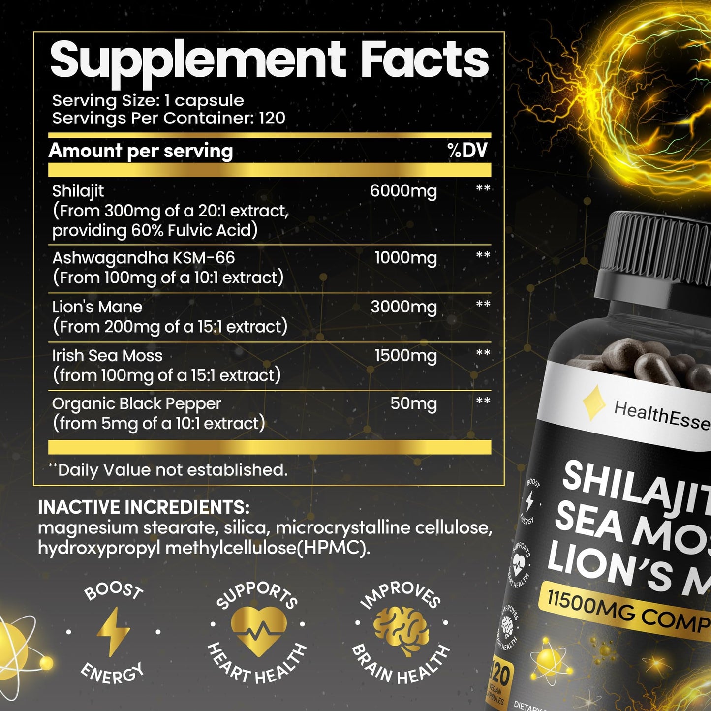 HealthEssent Shilajit Seamoss and Lions Mane Capsules, 11500mg 3-in-1 Brain & Focus Supplement with Ashwagandha & Black Pepper, High Strength Lions Mane Shilajit Blend for Energy & Immunity,120 Vegan Capsules