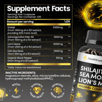 HealthEssent Shilajit Seamoss and Lions Mane Capsules, 11500mg 3-in-1 Brain & Focus Supplement with Ashwagandha & Black Pepper, High Strength Lions Mane Shilajit Blend for Energy & Immunity,120 Vegan Capsules