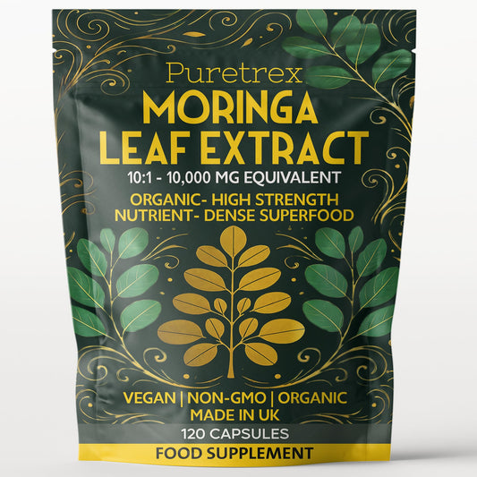 Puretrex Moringa Leaf Extract 10,000mg | 120 Vegan Capsules | Organic, Non-GMO | High Strength Superfood Supplement | Made in UK | Natural Energy & Immunity Support