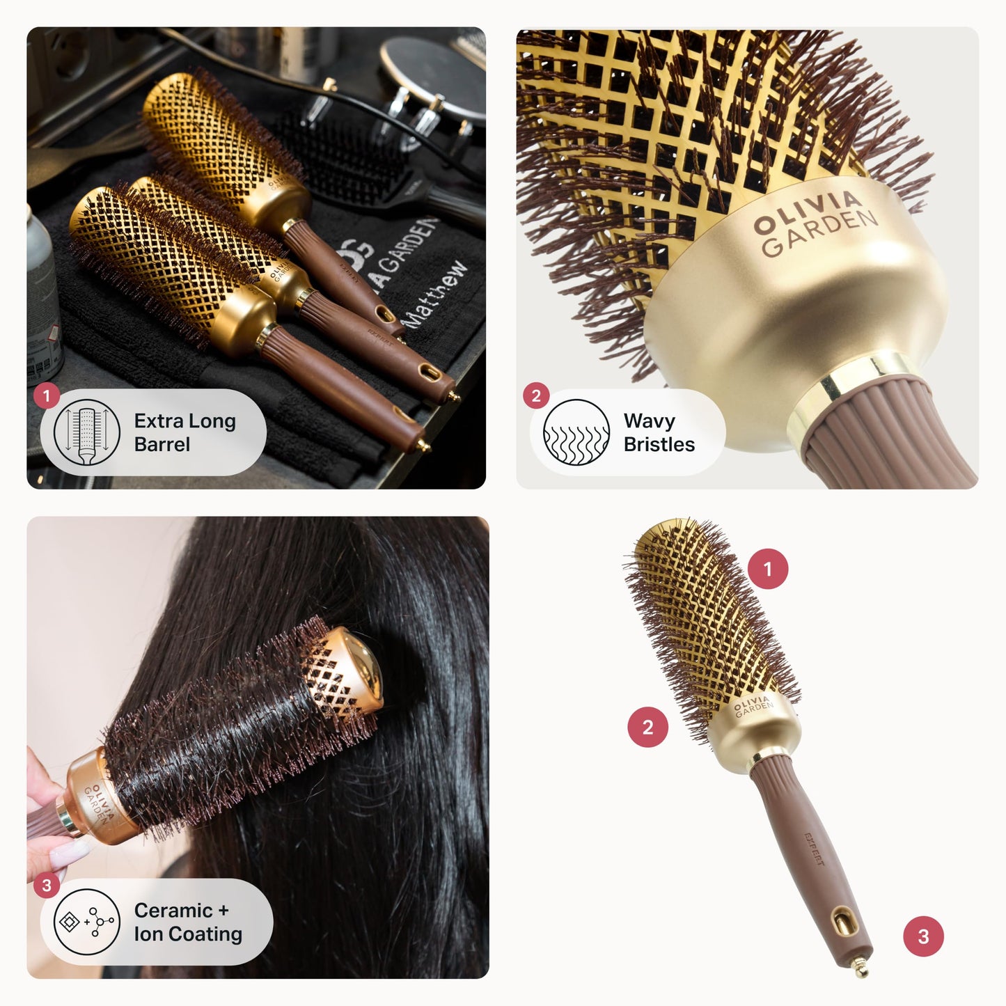Olivia Garden Expert Blowout Speed – Gold & Brown - 45 - Ceramic Coated Round Brush with Extra Long Barrel for 25% Faster Blowouts