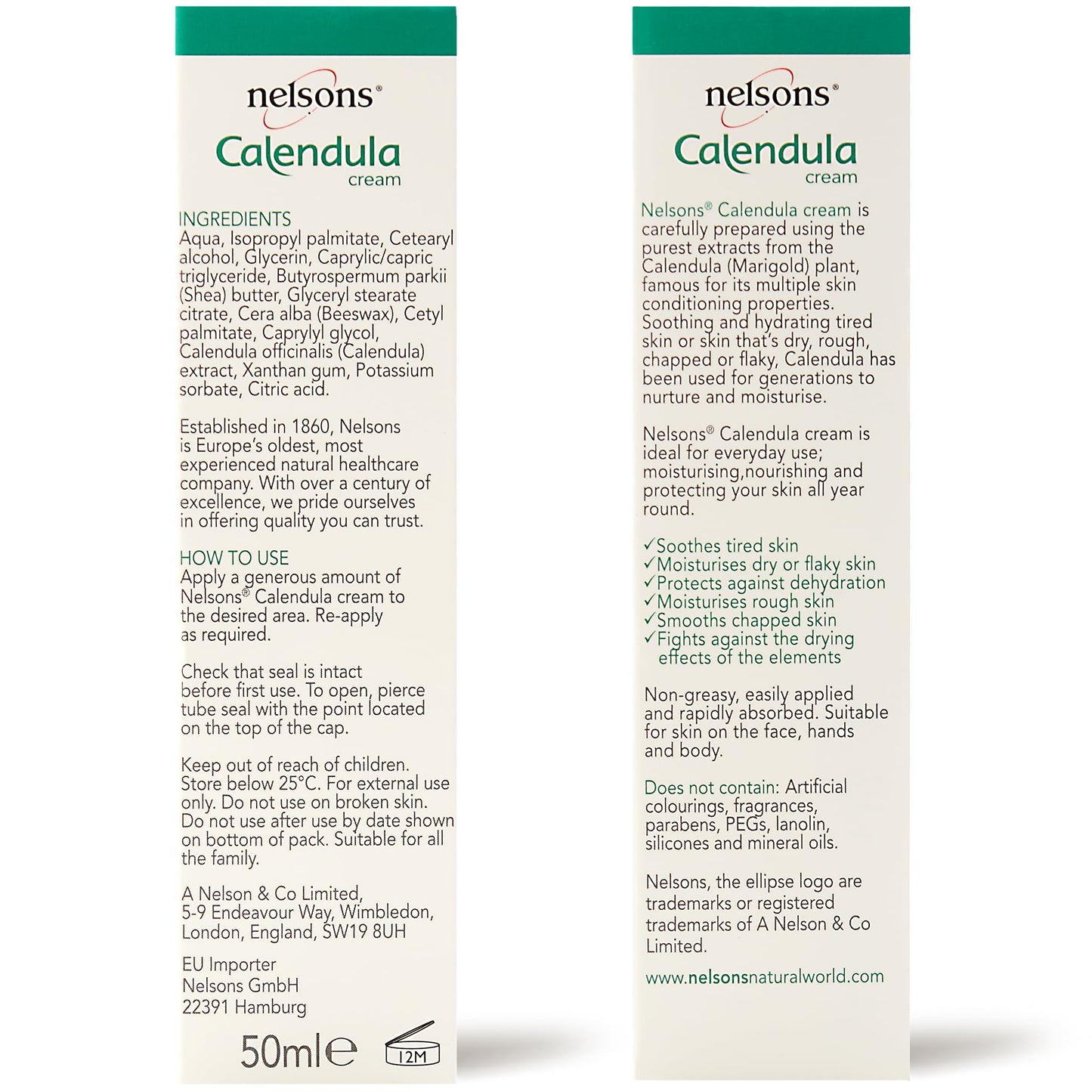 Nelsons Calendula Cream (50ml), Gentle Moisturiser For Face Hands Body, For Soothing and Hydrating Dry, Rough Skin, Non-Greasy, Paraben & Fragrance Free, Uses Calendula (Marigold) Plant Extracts