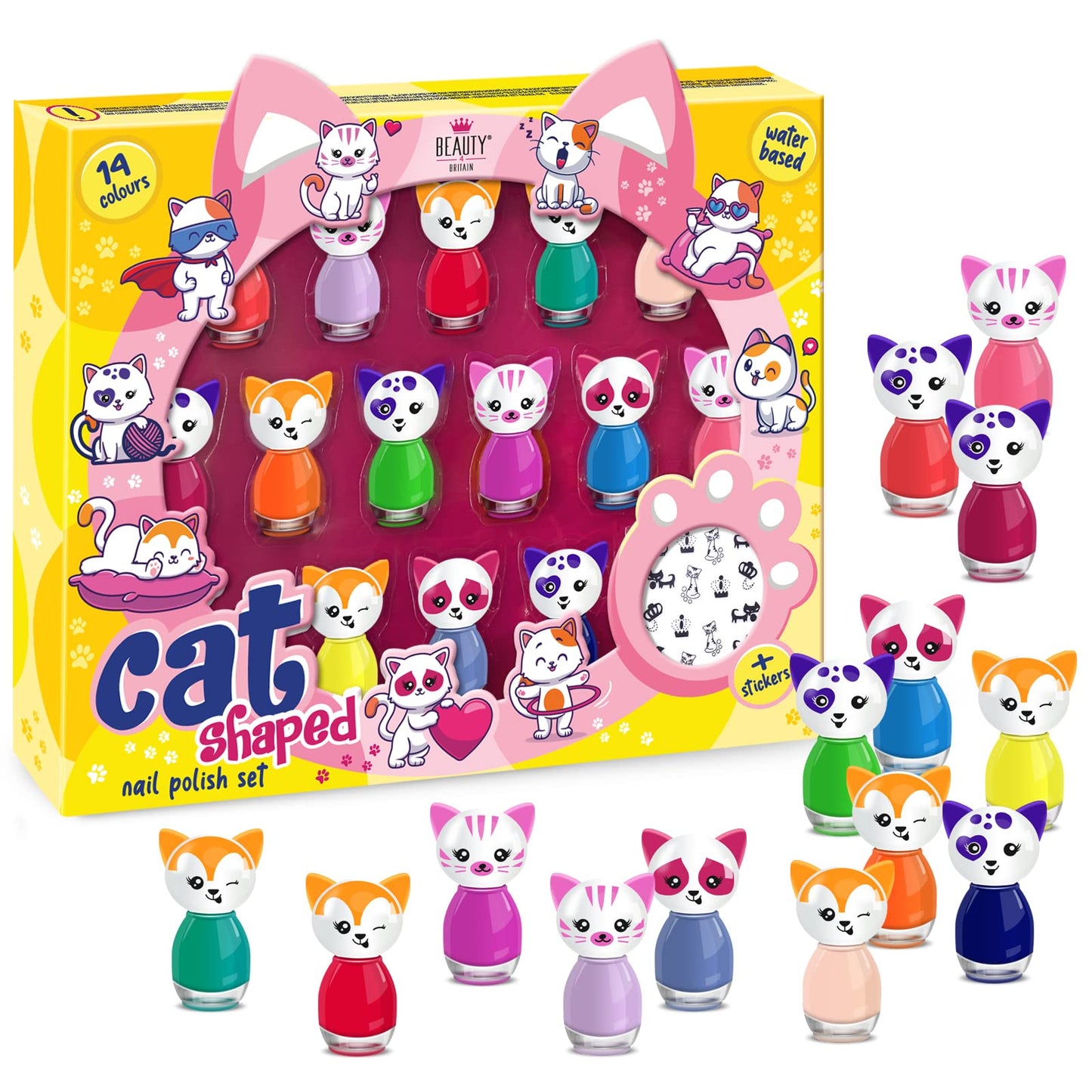 Beauty4Britain Cat Shaped Water-Based Nail Polish Set, beauty4britain, 14 Colours, Quick Dry, Peel Off, Cat Nail Stickers Included, Display Gift Box