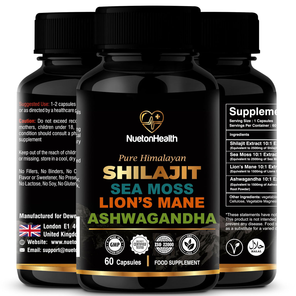 NUETONHEALTH NuetonHealth Shilajit, Sea Moss, Lion's Mane, and Ashwagandha Capsules - Comprehensive All-in-One Wellness Supplement for Mind, Body, and Vitality - 60 Vegan Capsules