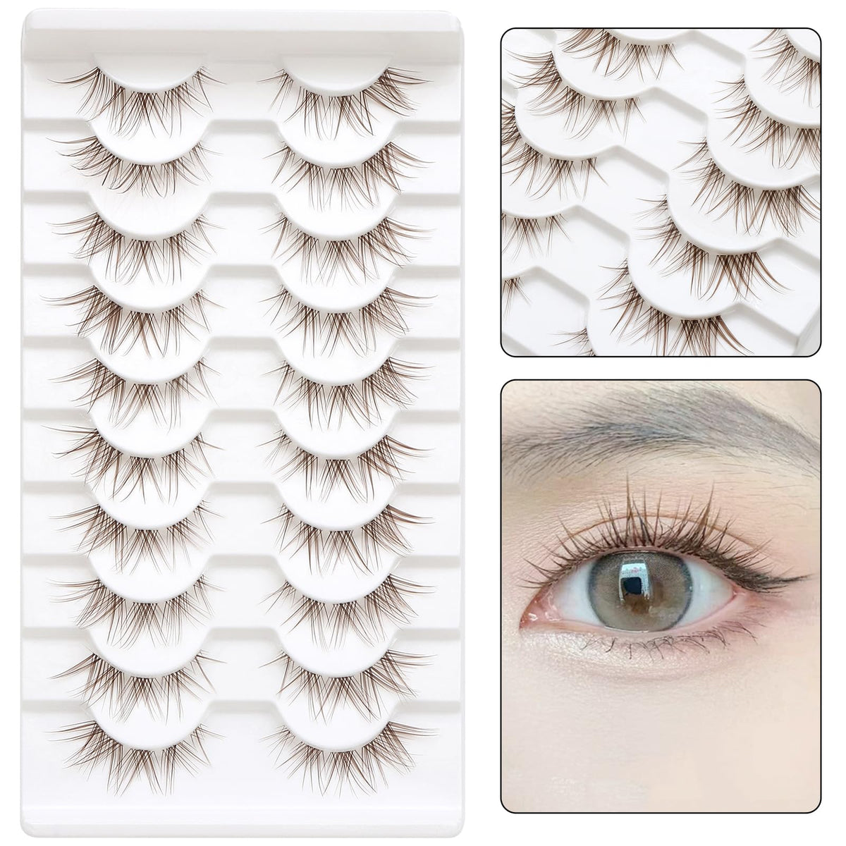 WUZIA 10 Pairs Brown Lashes Clear Band Manga Japanese Anime Cosplay Eyelashes Asian False Natural Look Like Individual Clusters (A02-Cat Eye 8-13mm)