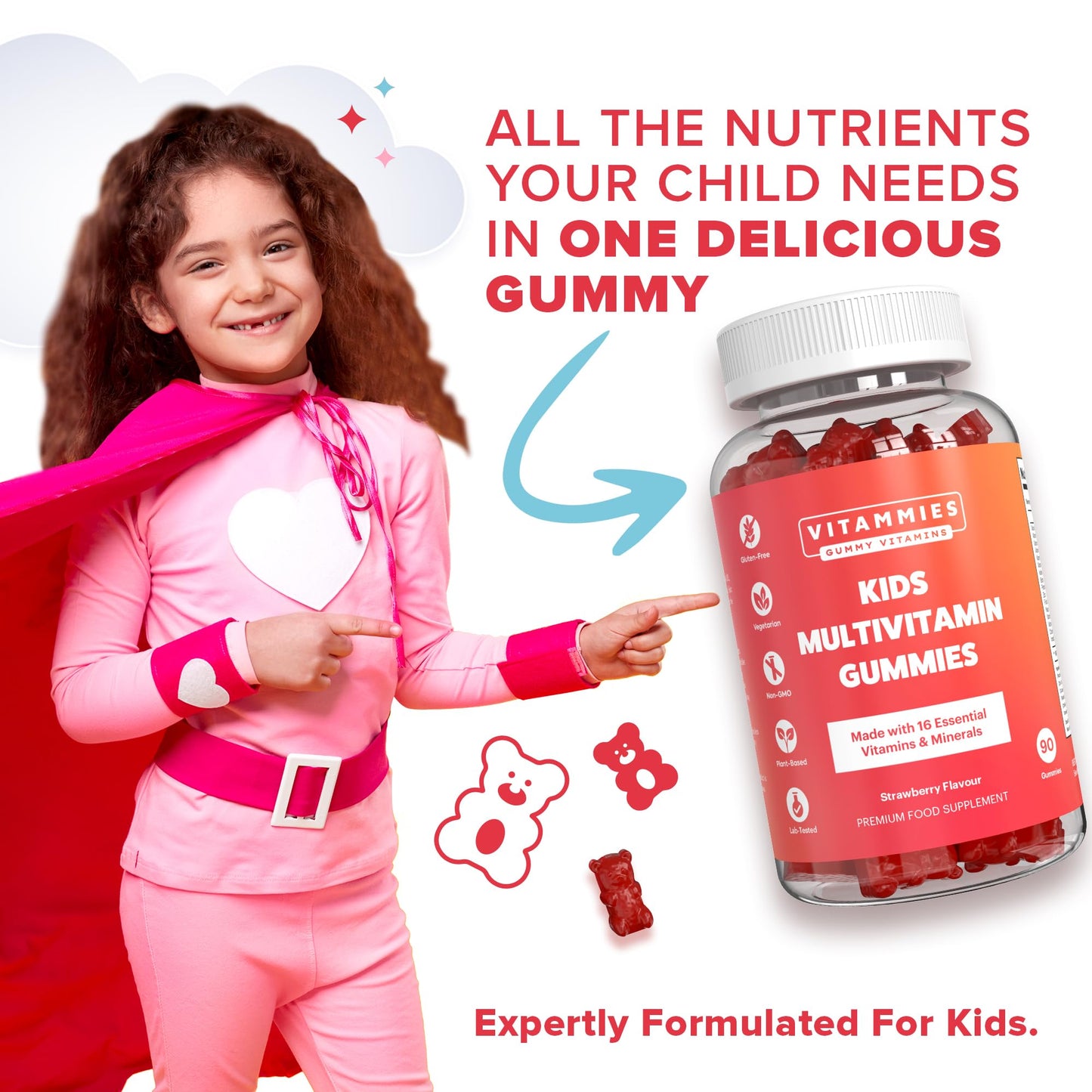Vitammies Kids Vitamins | Kids Multivitamin Gummies | 3 Month Supply | 16 Essential Nutrients | Vitamin C, A, D3, B2, B6, B12, E, K, Biotin, Iodine, Zinc & More | Non-GMO, Vegetarian, Chewable, 90 Count, GMP