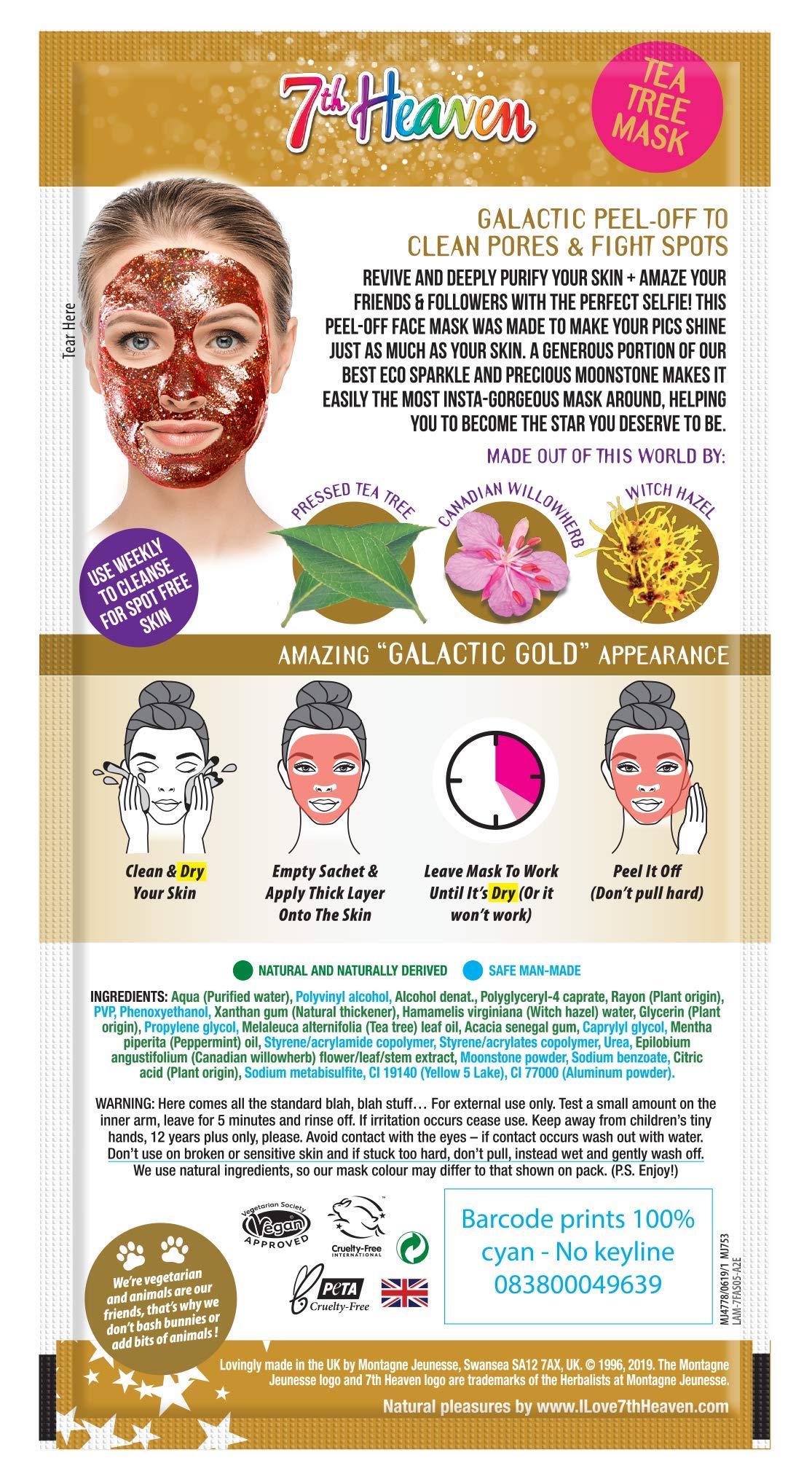 7th Heaven Clean Pores Radiant Skin, Stardust Galactic Gold Peel-Off Mask, With The Infusion of witch hazel, willow herb, tea tree and a sprinkle of biodegradable glitter, 10g