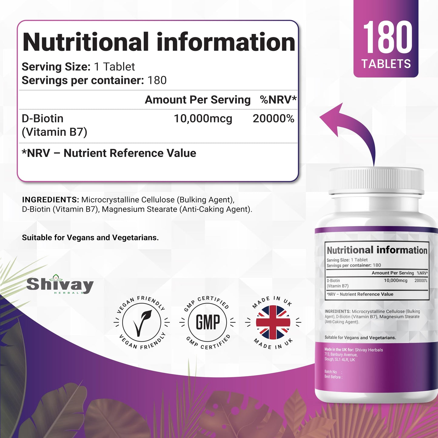 Biotin 10,000mcg Supplement | 180 Tablets - 6 Month Supply | High Strength Hair, Skin & Nail Support | Vegan & Made in The UK by Shivay Herbals