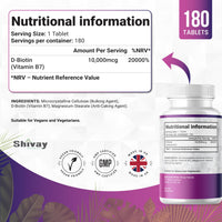 Biotin 10,000mcg Supplement | 180 Tablets - 6 Month Supply | High Strength Hair, Skin & Nail Support | Vegan & Made in The UK by Shivay Herbals
