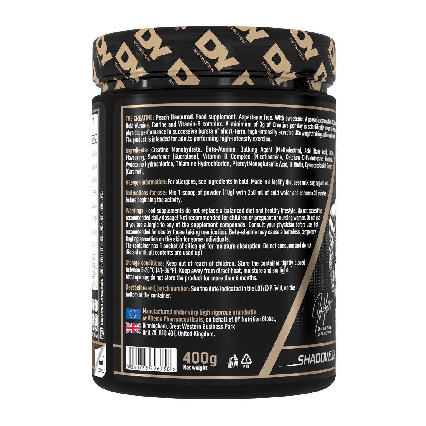 DY Nutrition The Creatine Complex 400g - High Performance Creatine Monohydrate Powder with Beta Alanine, Taurine + B Vitamins for Muscle Endurance, Pump & Recovery x40 Servings (Peach Flavoured)