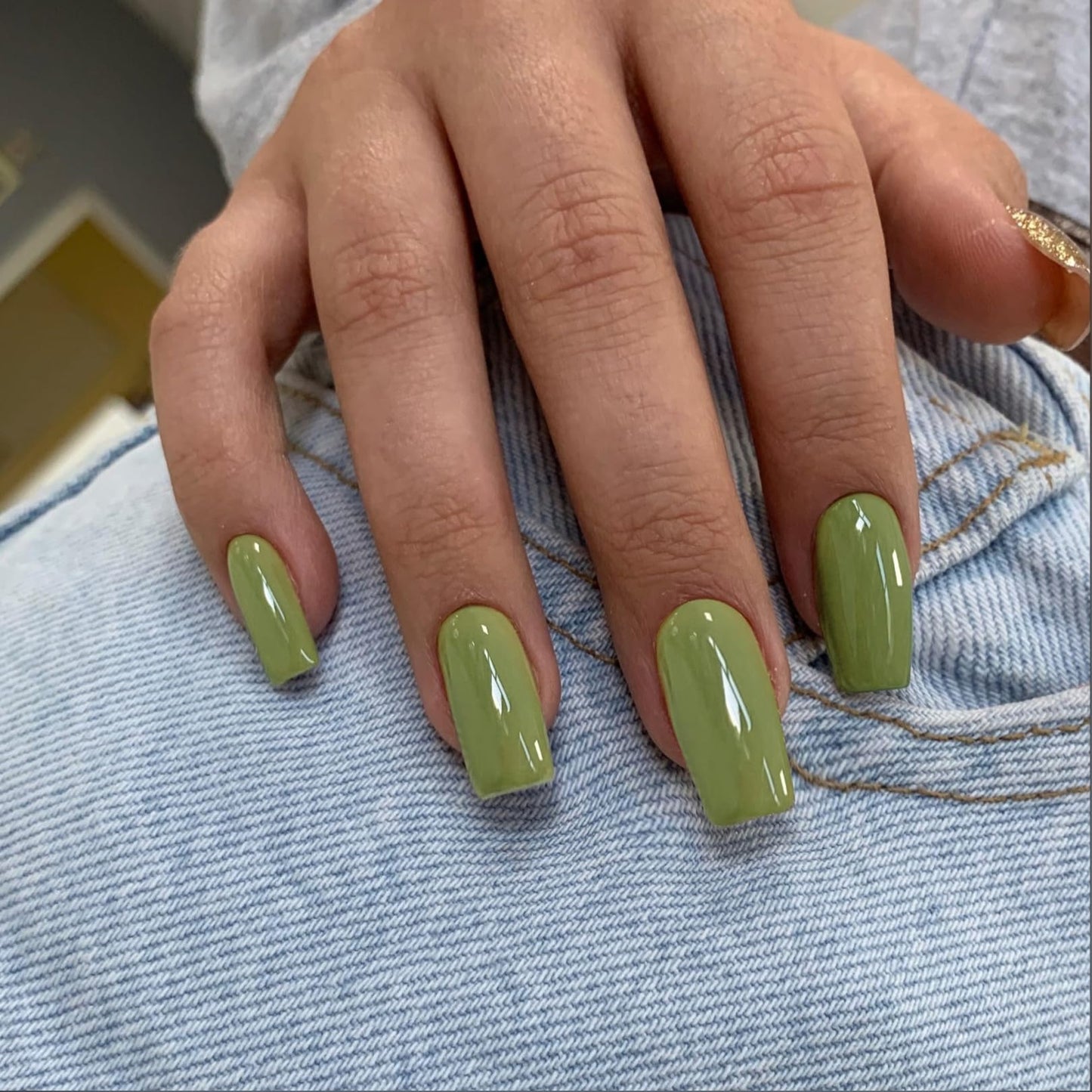 SXVME Olive Green False Nails Long Square, Acrylic Press on Nails Long Medium Coffin, Glossy Gel Fake Nails Press on, Solid Color Square Tip Stick on Nails For Women Daily Wear, 24 Pcs