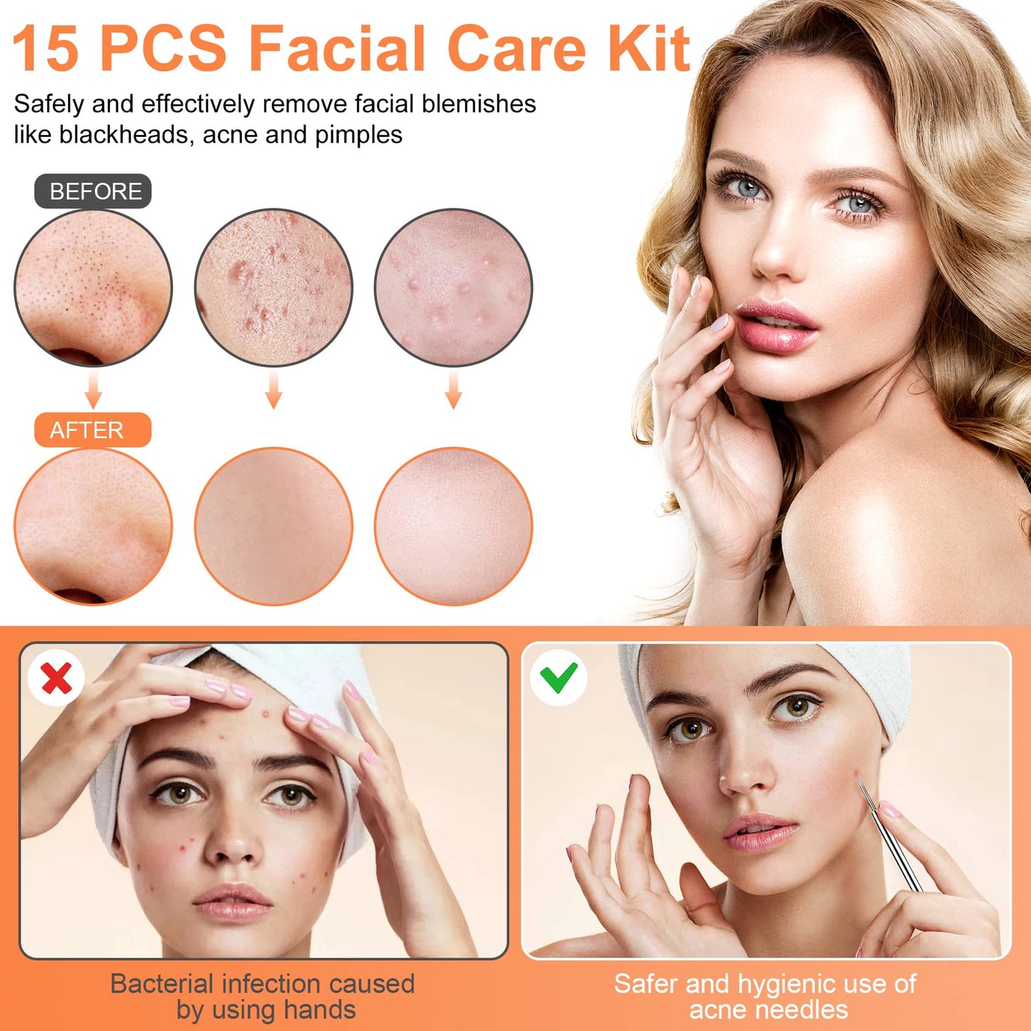 Blackhead Remover Tool Kit, IUMAKEVP 15 PCS Professional Stainless Steel Pimple Popper Comedone Extractor Tools for Removing Pimple, Blackheads, Zit on Face - Acne Removal Kit with Metal Case(Silvery)