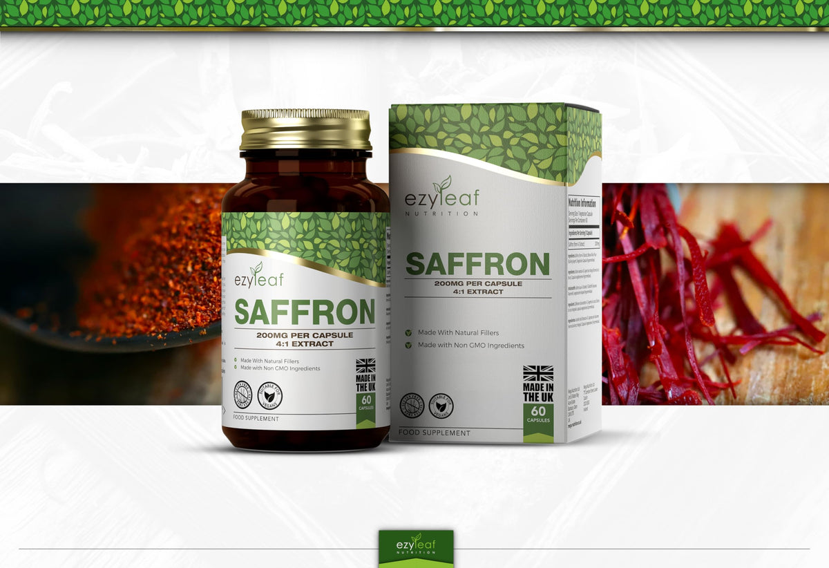 Ezyleaf Nutrition EZ Saffron Extract Supplement | 60 High Strength Saffron Capsules - 200mg (from 4:1 Extract) Safron Herb Extract per Serving | Non-GMO, Gluten & Allergen Free | Manufactured in The UK