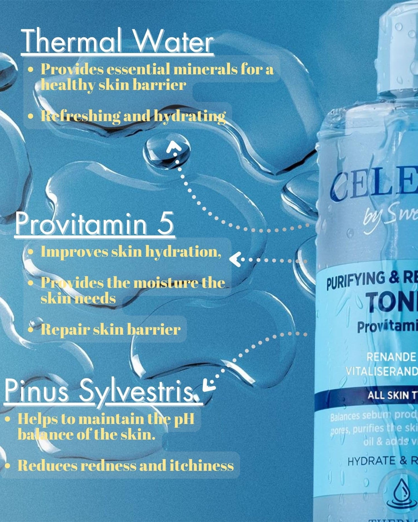 Celenes by Sweden Thermal Purifying & Revitalizing Toner, 200 ml - Alcohol & Parab Free, Suitable for All Skin Types, Enriched with Swedish Thermal Water, Pinus Sylvestris and Provitamin B5+