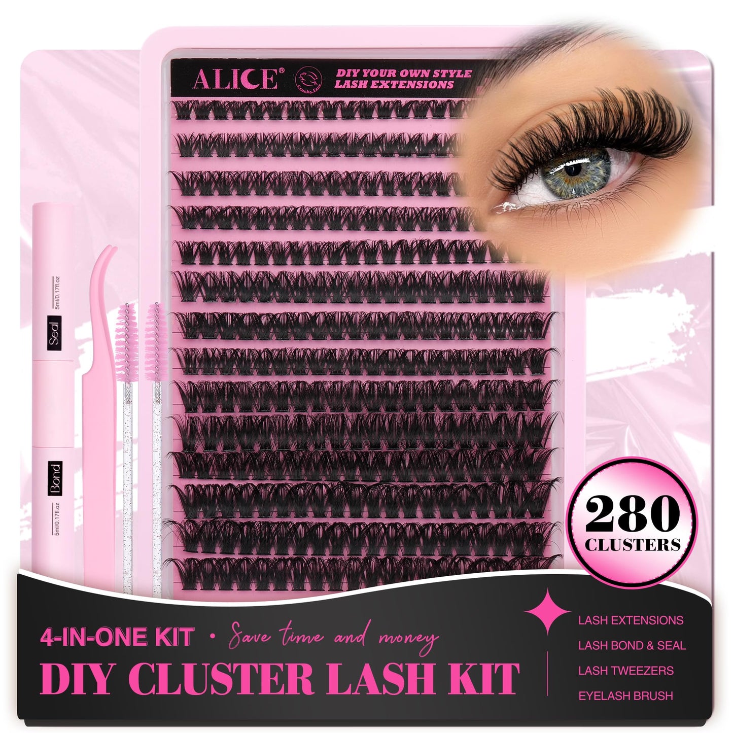 ALICE DIY Eyelash Extension Kit D Curl Fluffy Wispy Lash Clusters Individual Lashes Lash Extension Kit with Lash Bond and Seal Applicator Tool for Self Application at Home (80P-280Pcs-Mix10-16mm-0.07D)