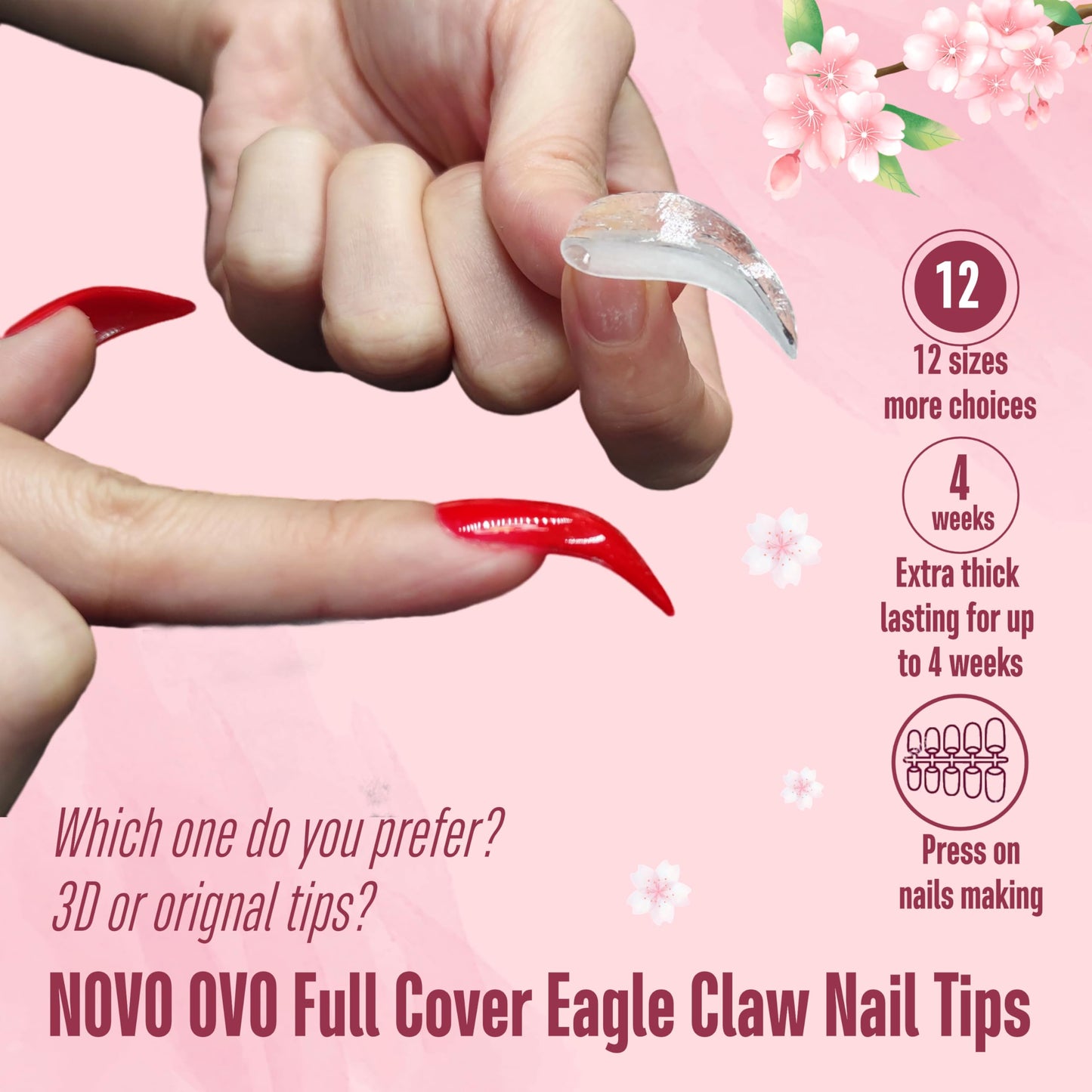 NOVO OVO Nail Tips Curved Stiletto, Clear Gel x Extension kit Full Cover to Make Press on 3D Eagle Claw nails, Thick Extra Hawk Deep Curve Almond French Tips Soft False Fake Acrylic Nail 12 Size 120pc