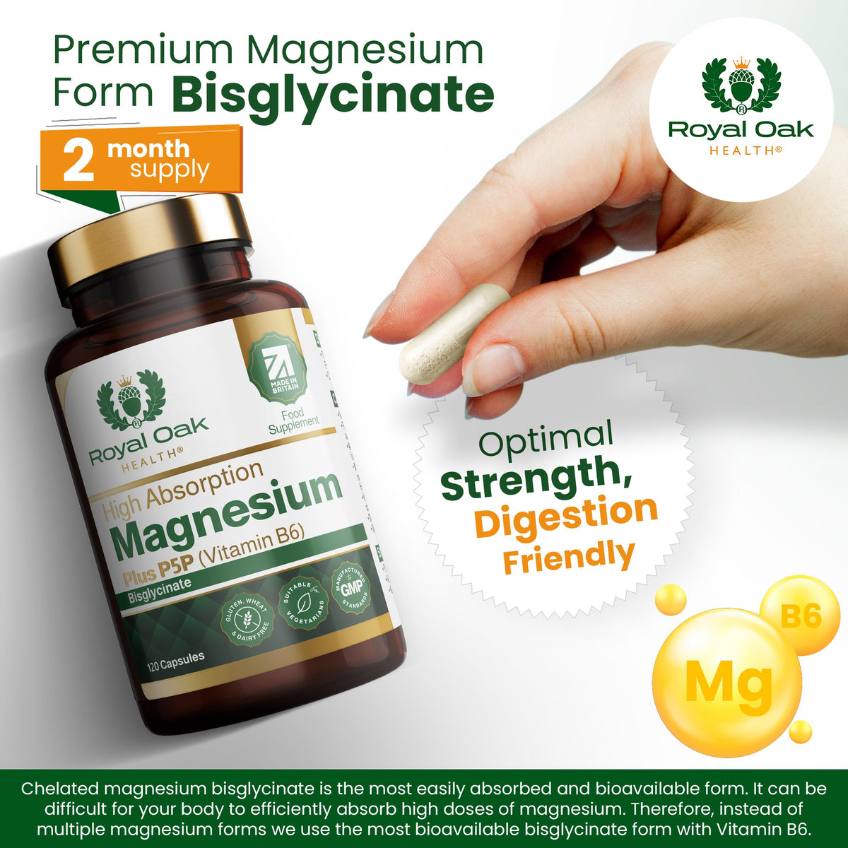 Magnesium Bisglycinate 200mg Plus P5P Vitamin B6 x120 Capsules | Advanced Chelated Formula for Optimal Absorption 200mg of High Strength Elemental Magnesium - Vegan & UK Made by Royal Oak Health