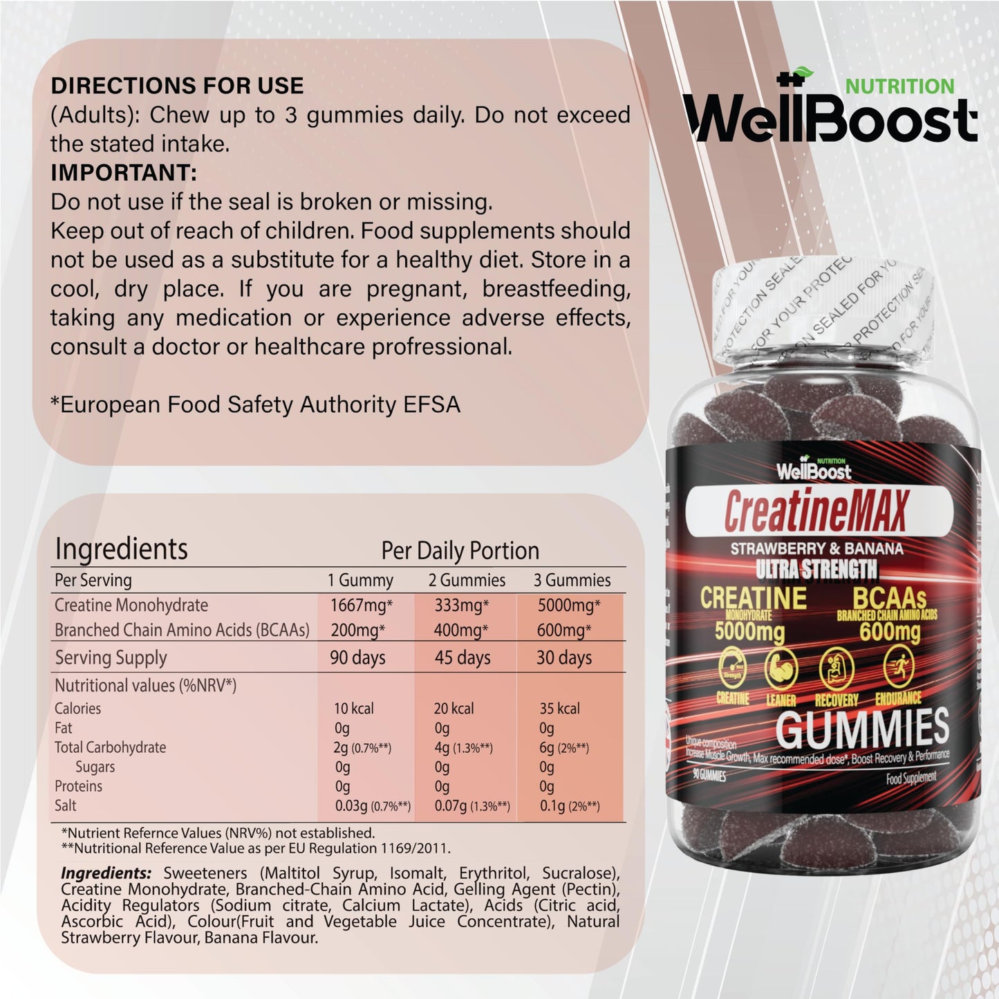 WellBoost Creatine MAX Gummies - 5000mg Creatine Monohydrate & 600mg BCAAs per Serving - Vegan, Sugar-Free Chewable Gummies with Strawberry & Banana Flavour - 90 Gummies (1 Month Supply)