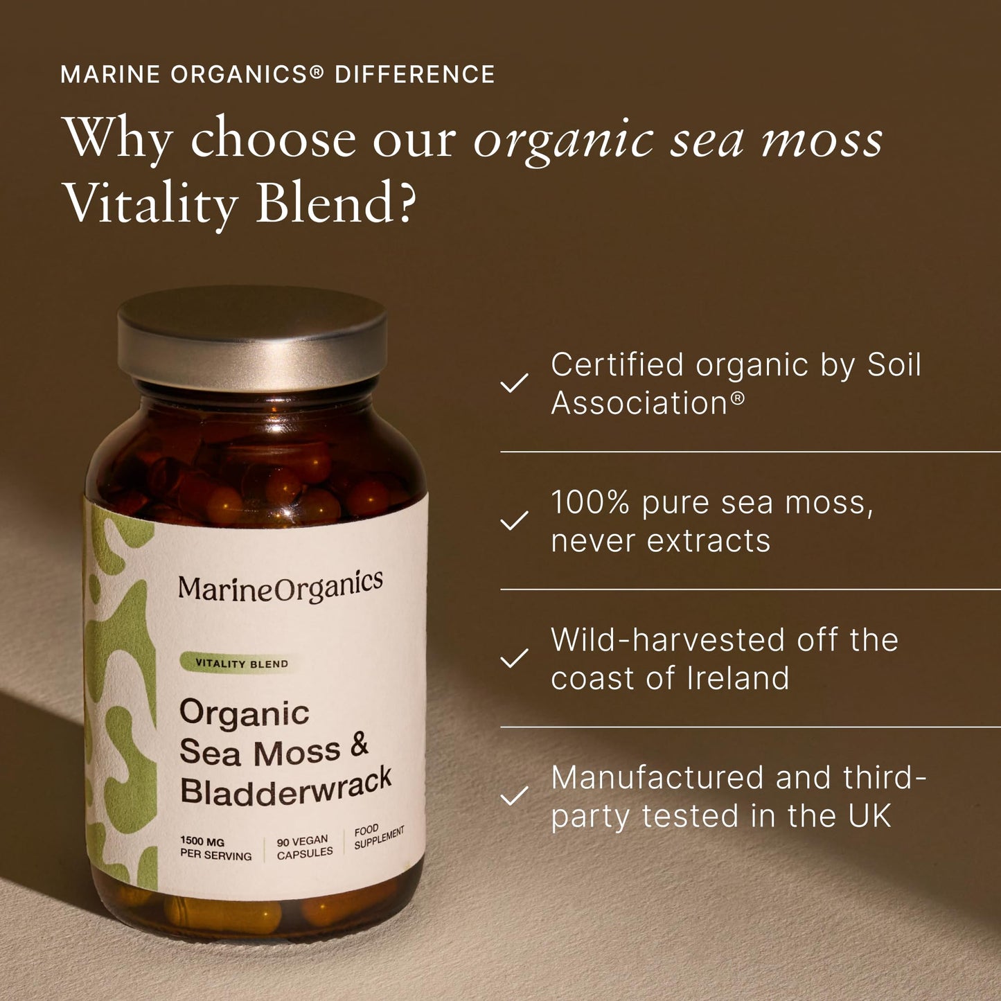 Marine Organics MarineOrganics Organic Sea Moss Capsules - 90 Irish Sea Moss and Bladderwrack Capsules - Iodine Tablets - UK Wild Harvested Seamoss - High Potency