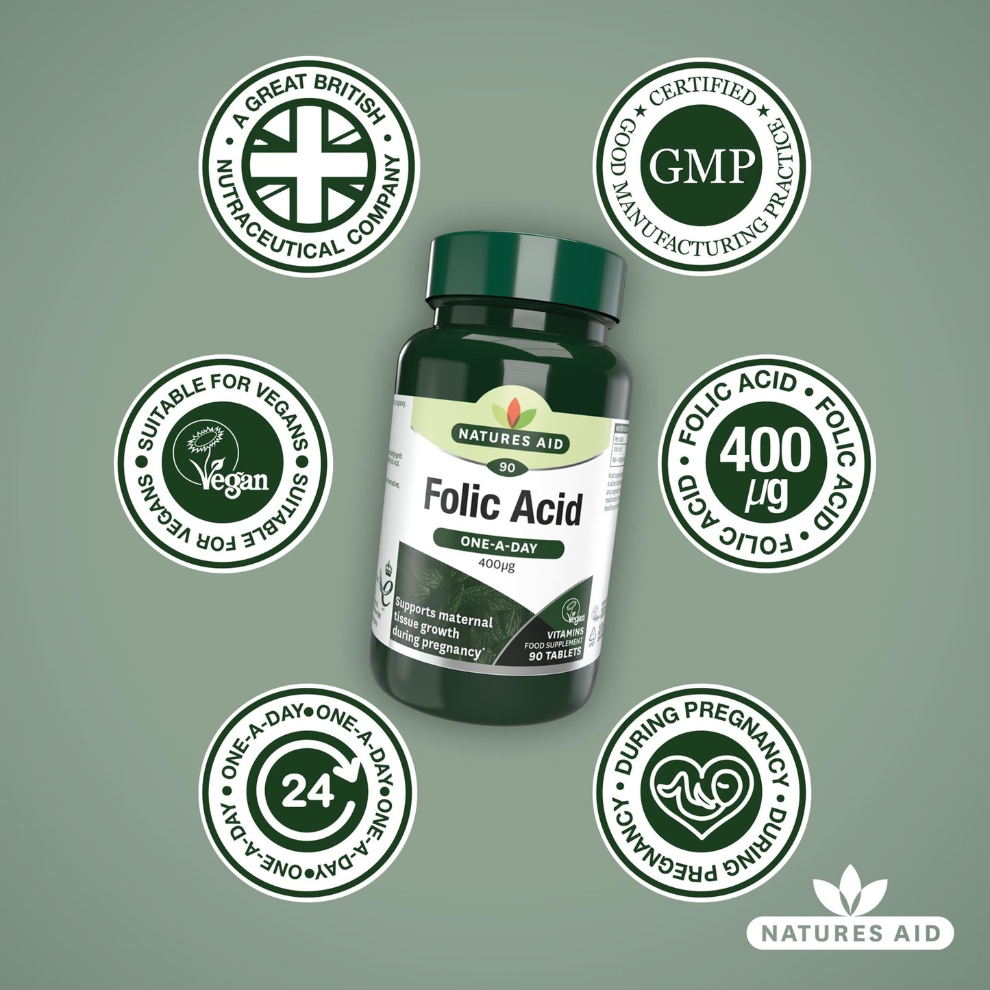 Natures Aid Folic Acid 400mcg – Supports Prenatal Health, Red Blood Cell Formation, DNA Synthesis – Vegan, Non-GMO, Gluten-Free – High Potency Natural Supplement – 90 Tablets