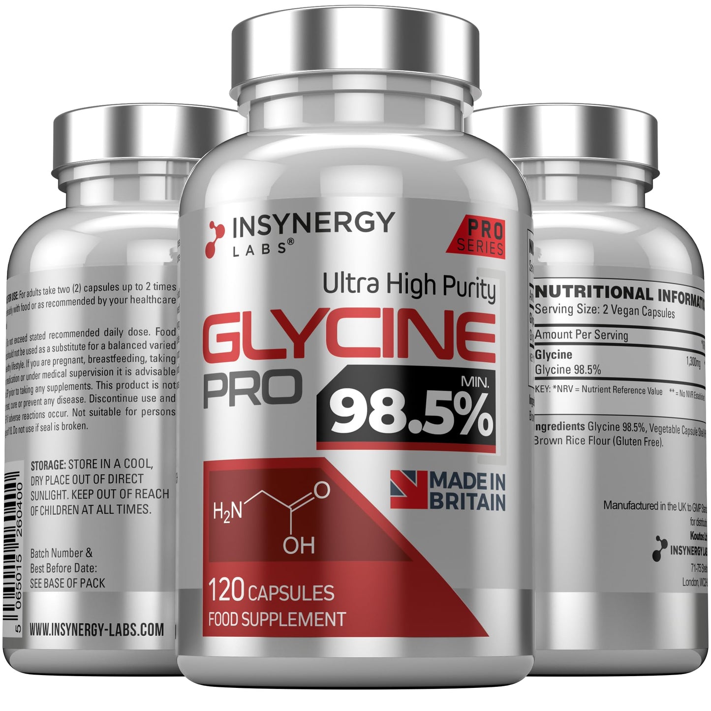 Insynergy Labs Glycine 650mg Per Capsule (Maximum Dose in UK) Superior 98.5% Purity x 120 Vegan Capsules, L Glycine Powder Supplement Amino Acid Supplements
