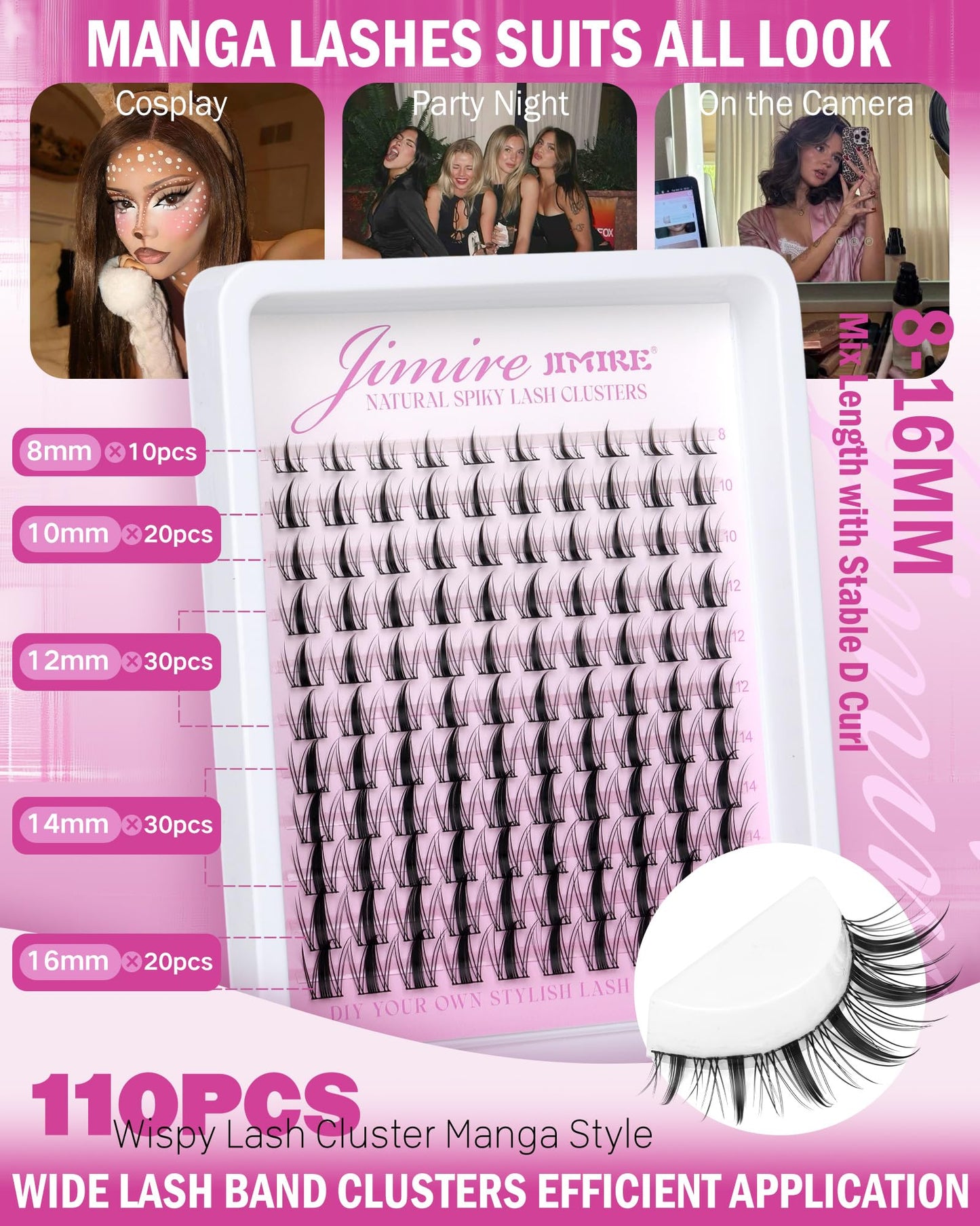 JIMIRE Fairy Lash Clusters Natural Look Manga Cluster Lashes Wispy D Curl Individual Eyelashes 110 Pcs 8-16MM Wispy Lashes Individual Cluster Wet-Look Lashes Extension with Invisible Lash Band