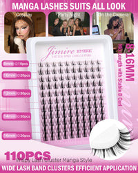 JIMIRE Fairy Lash Clusters Natural Look Manga Cluster Lashes Wispy D Curl Individual Eyelashes 110 Pcs 8-16MM Wispy Lashes Individual Cluster Wet-Look Lashes Extension with Invisible Lash Band