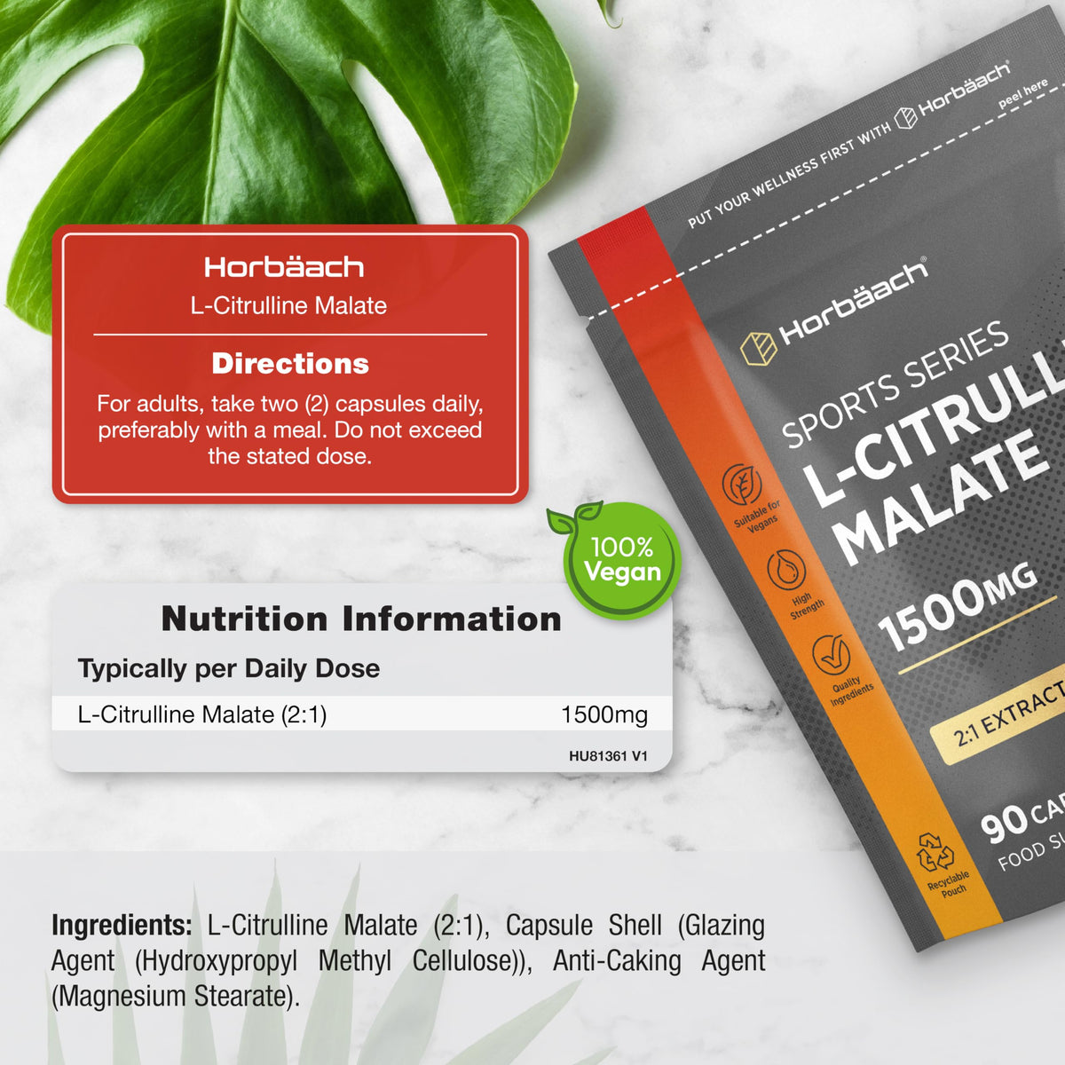 Horbäach L Citrulline Malate Capsules | High Strength 1500mg Supplement for Men and Women | 2:1 Extract | 90 Count | Suitable for Vegans & Vegetarians | by Horbaach