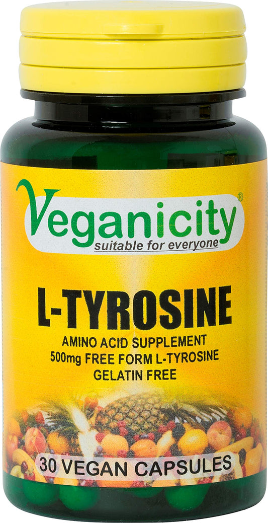 Veganicity L-Tyrosine 500mg : Amino Acid Supplement - 30 Vegan Capsules,in a Planet-Friendly 99% Recycled Pot
