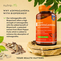 Ashwagandha 1100mg - 120 Vegan Capsules with Added Bioperine® - High Strength Natural Ashwagandha Root Powder - Vegan Friendly Ashwaganda Supplement - Made in The UK by Nutravita