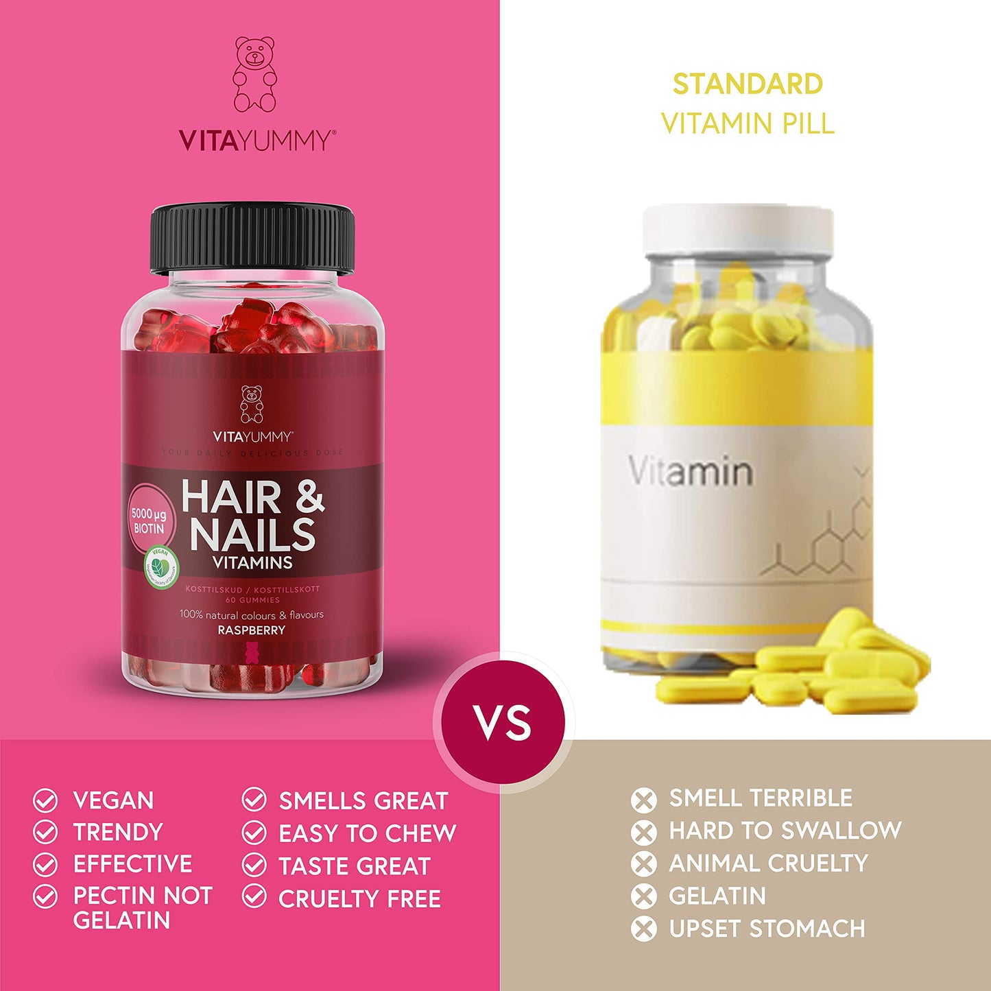 VITAYUMMY Vegan Hair Skin and Nails Vitamins for Women - Multivitamin Gummies Biotin Hair Growth Supplement - Vitamin A C D E B6 B12 Folic Acid & More - Chewable Raspberry Flavored Hair Vitamins