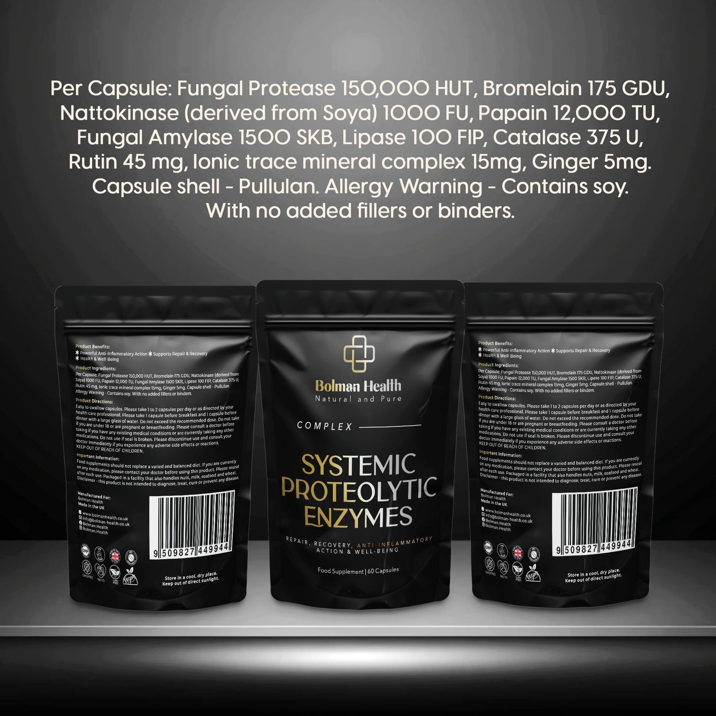 Bolman Health Systemic Proteolytic Enzymes | UK Made | Mixed Enzyme Formula | 60 HMPC Vegan Friendly Capsules | Repair & Recovery | No Addictives