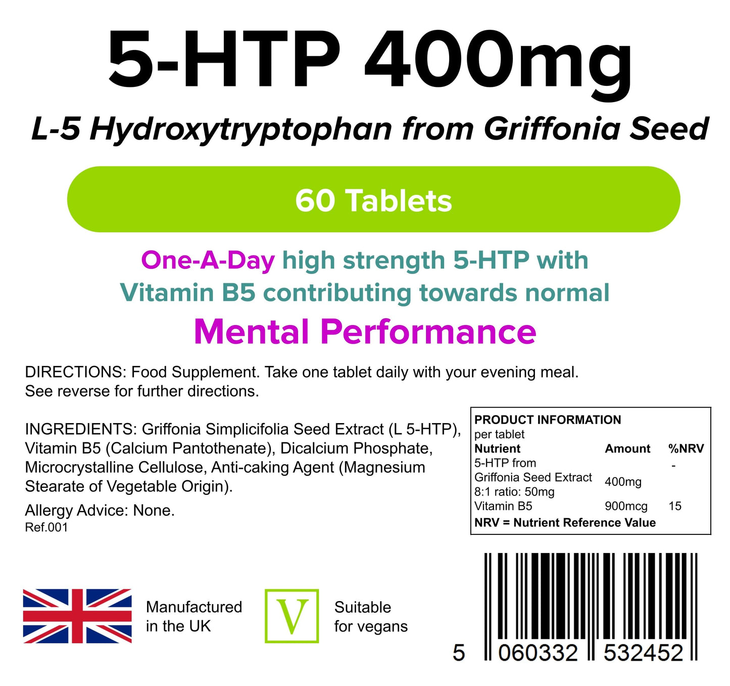 Lindens - 5 HTP 400mg, 60 Tablets - 1-A-Day, UK Made - 50mg Griffonia Simplicifolia Seed Extract 8:1, with Vitamin B5 - Mental Performance - Letterbox Friendly, Vegan