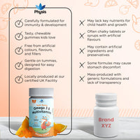 Physis Kids Multivitamin Omega Gummies | Ages 2+ | 30 Orange Flavour Chewable with Vitamins C, D, Omega 3 & More | Kids Vitamins Chewies for Cognition, Energy & Growth | Children's Multivitamins
