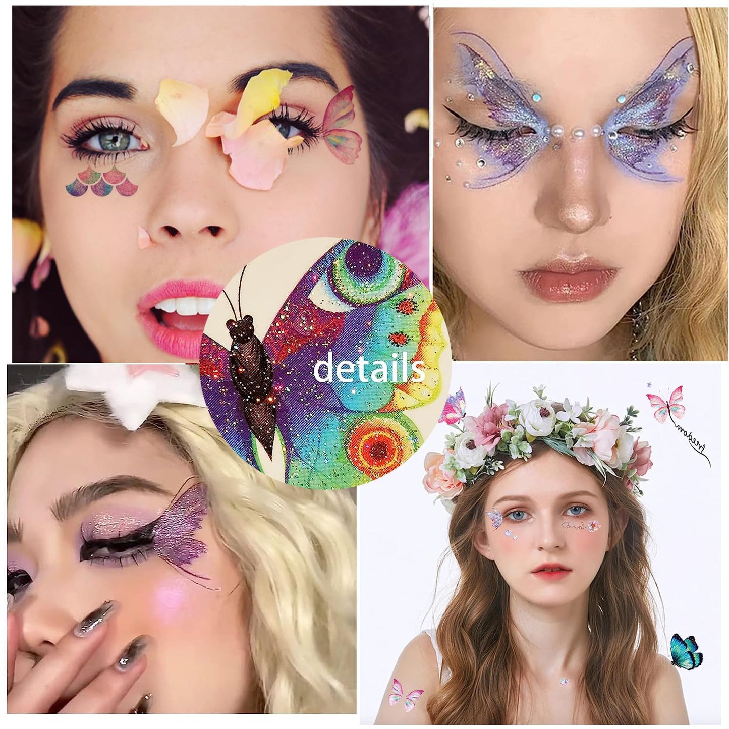 Rosymormor 18 Sheets Glitter Temporary Tattoos for Women Girls, Wings Butterfly Flowers Face Body Shiny Waterproof Stickers Fake Tattoos for Gifts Birthday Party Favors Festival Makeup Halloween