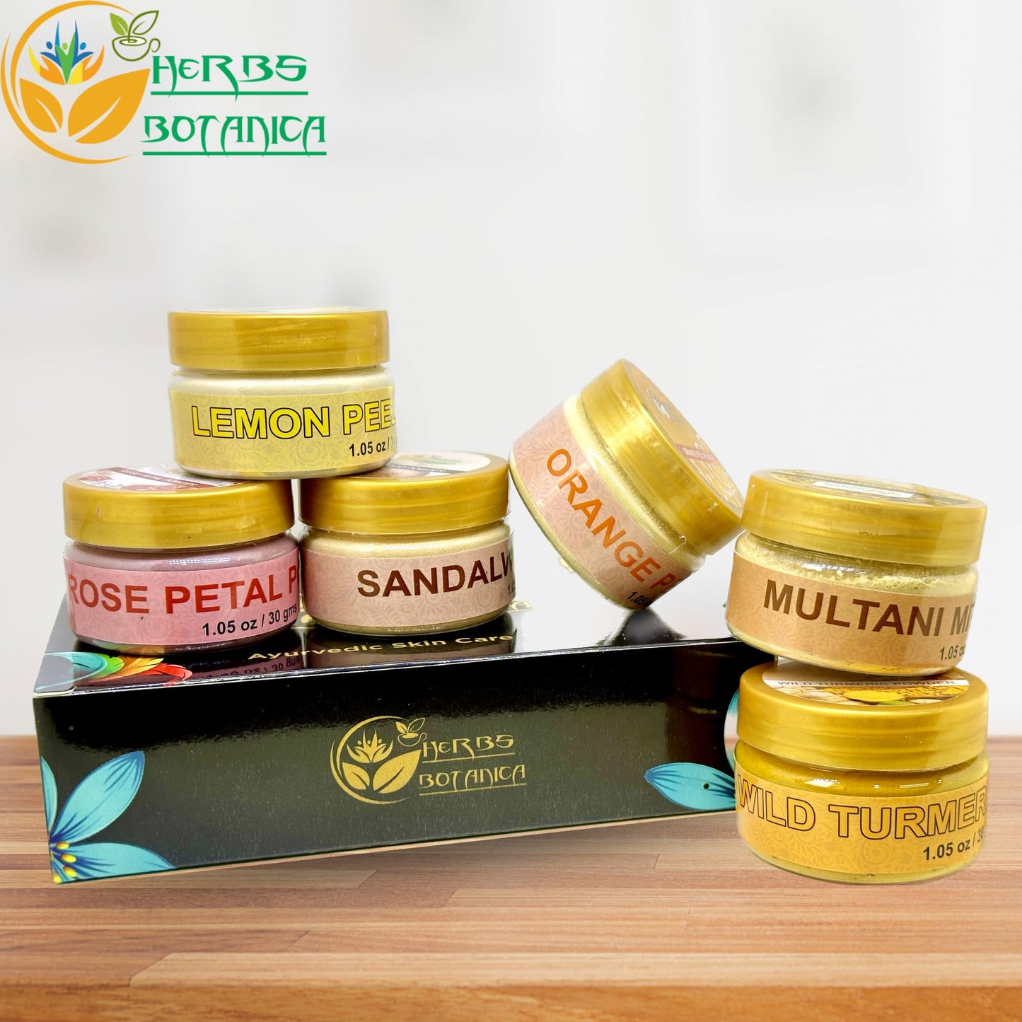 Herbs Botanica Natural Skin Care Sampler | Sandalwood,Orange Peel,Lemon Peel, Rose Petals,Wild Turmeric, Multanni Mitti Powder 1 oz Each Pak