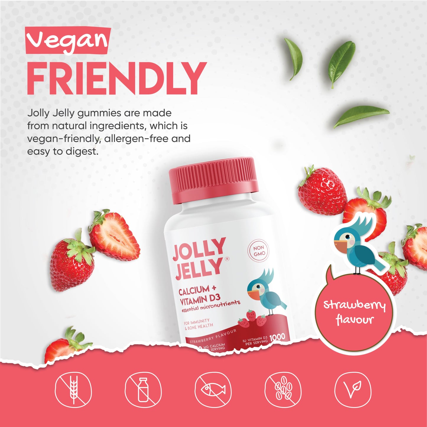 JOLLY JELLY Calcium and Vitamin D3 Tapioca Gummies – 500mg Calcium 1000IU Vitamin D3 – 60 Vegan Gummies – Immunity & Bone Health – Strawerry Flavour by Jolly Jelly
