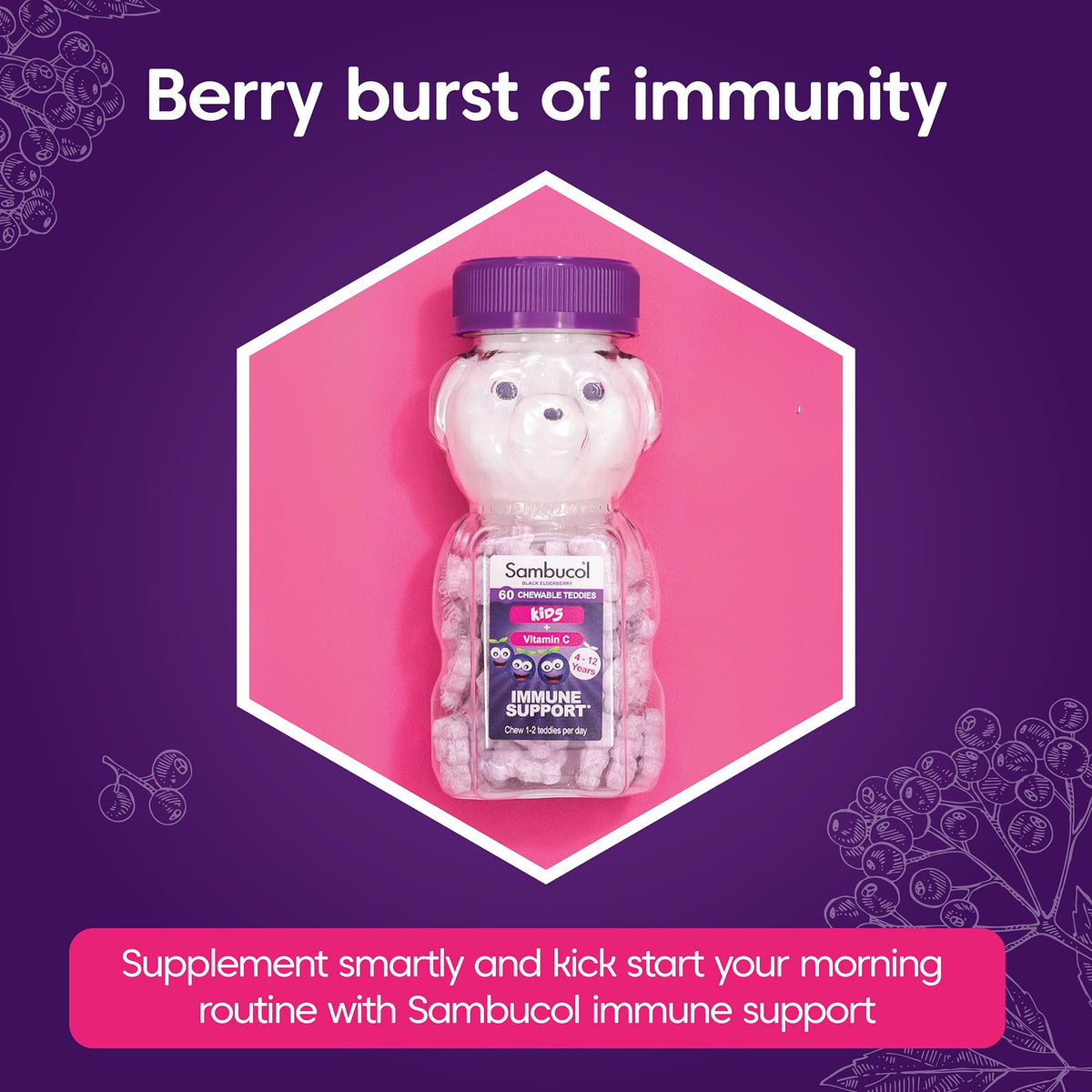 Sambucol Natural Black Elderberry Kids Chewable Teddies| Vitamin C | Immune Support Supplement | 60 tablets