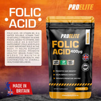 Folic Acid Tablets 400 mcg - 120 Vegan Vitamin B9 Tablets Folic Acid 400ug Pregnancy Care - Normal Function of Immune System and Reduce Tiredness and Fatigue - Made in The UK by PROELITE