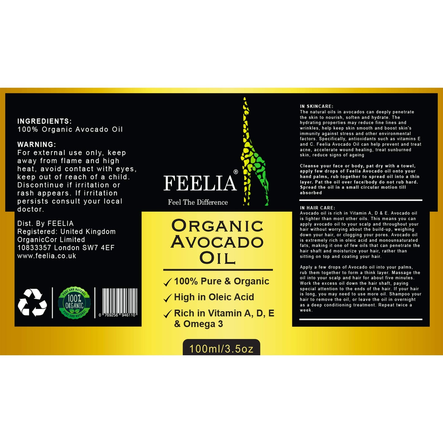 Feelia - Organic Avocado Oil - Cold Pressed, Rich in Vitamins A, D, E & Omega 3, High in Oleic Acid, 100% Pure & Organic - 100ml