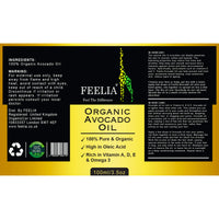Feelia - Organic Avocado Oil - Cold Pressed, Rich in Vitamins A, D, E & Omega 3, High in Oleic Acid, 100% Pure & Organic - 100ml