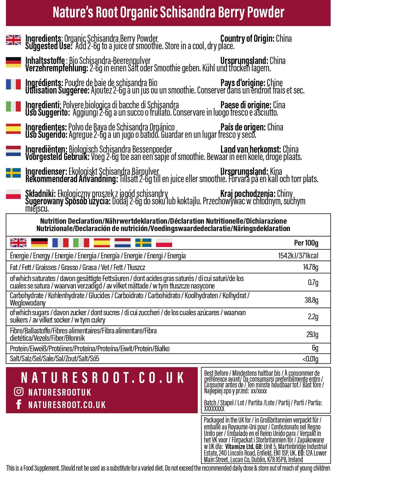 Natures Root Nature’s Root Organic Schisandra Powder 125g - Schisandra Berry | Daily Tonic | Gluten Free | Traditional Chinese Medicine | Certified Organic