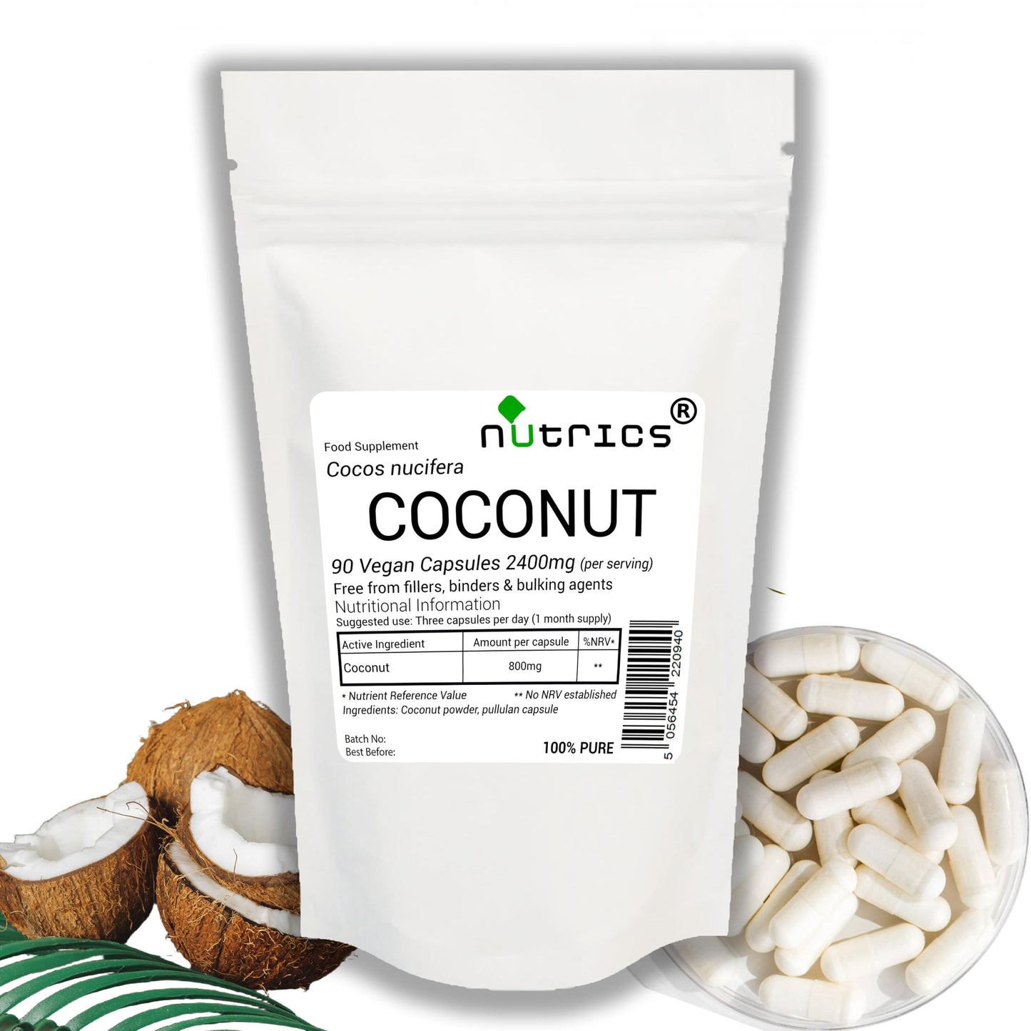 Nutrics® Coconut 2400mg per Serving Pure 90 V Capsule (1 Month Supply) Cocos Nucifera - No fillers Binders or Bulking Agents - Suitable for Vegans