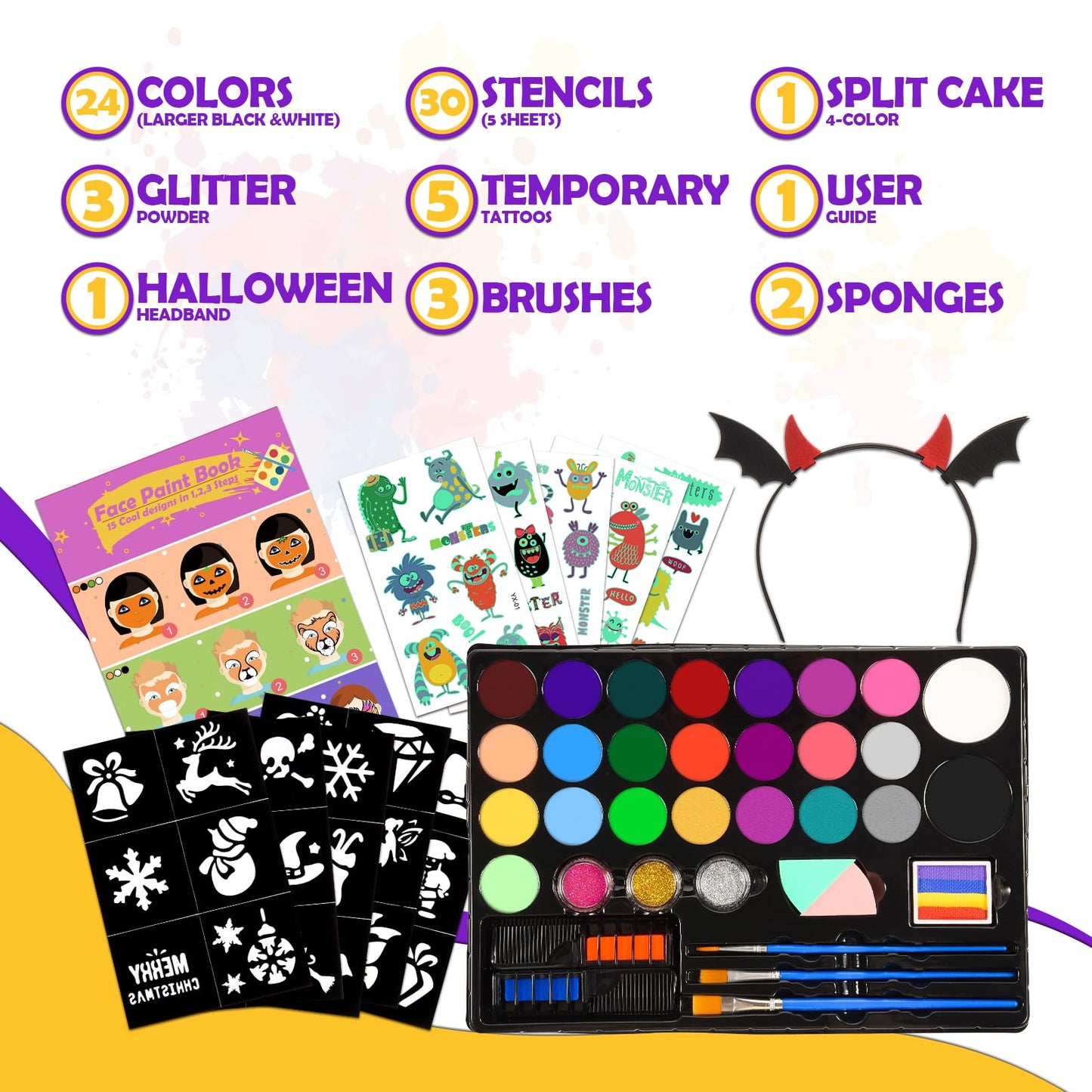 Grriopi Face Painting Kit for Children, 28 Colors Face Body Paints with 3 Brushes 30 Stencils Girls Toys Age 4-9 Carnival Halloween Gifts for Girl 5 6 7 8 9 Year Old Xmas Washable Non Toxic Kids Makeup Set
