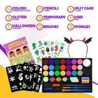 Grriopi Face Painting Kit for Children, 28 Colors Face Body Paints with 3 Brushes 30 Stencils Girls Toys Age 4-9 Carnival Halloween Gifts for Girl 5 6 7 8 9 Year Old Xmas Washable Non Toxic Kids Makeup Set