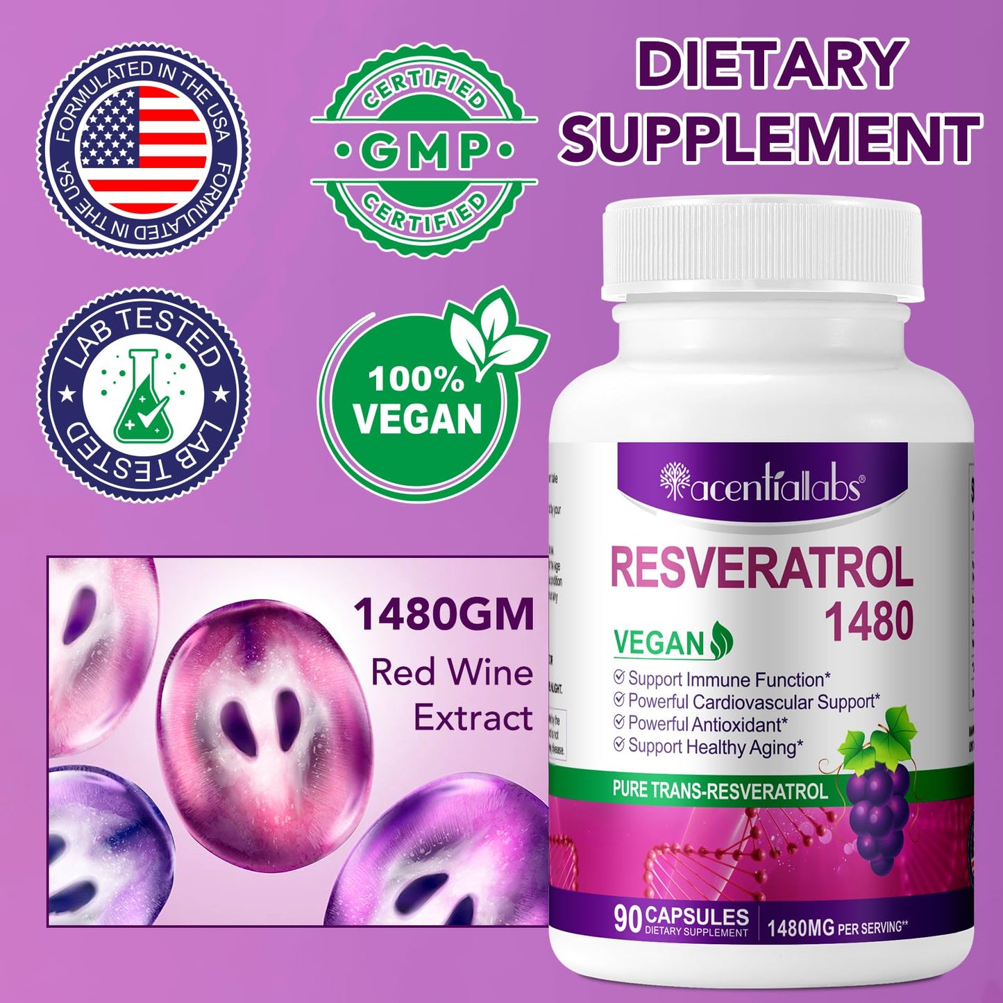 Resveratrol Supplement 1480mg, 90 Capsules High-Potency Trans-Resveratrol Supplement for Heart, Skin, and Anti-Aging Antioxidant