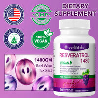 Resveratrol Supplement 1480mg, 90 Capsules High-Potency Trans-Resveratrol Supplement for Heart, Skin, and Anti-Aging Antioxidant