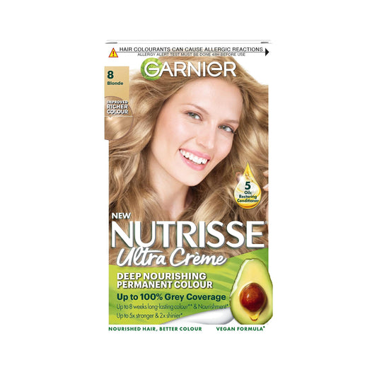 Garnier Nutrisse Permanent Hair Dye, Natural-looking, hair colour result, For All Hair Types, 8 Blonde