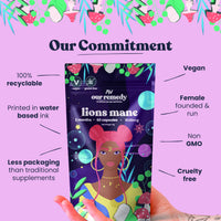 OUR REMEDY we all have our ups and downs Our Remedy 1500mg Lion's Mane Organic Capsules — Two-Month Supply of a High-Strength, Vegan, Non-GMO, Cruelty-Free Brain Support Supplements Packed in 100% Recyclable Packaging — 60-Count